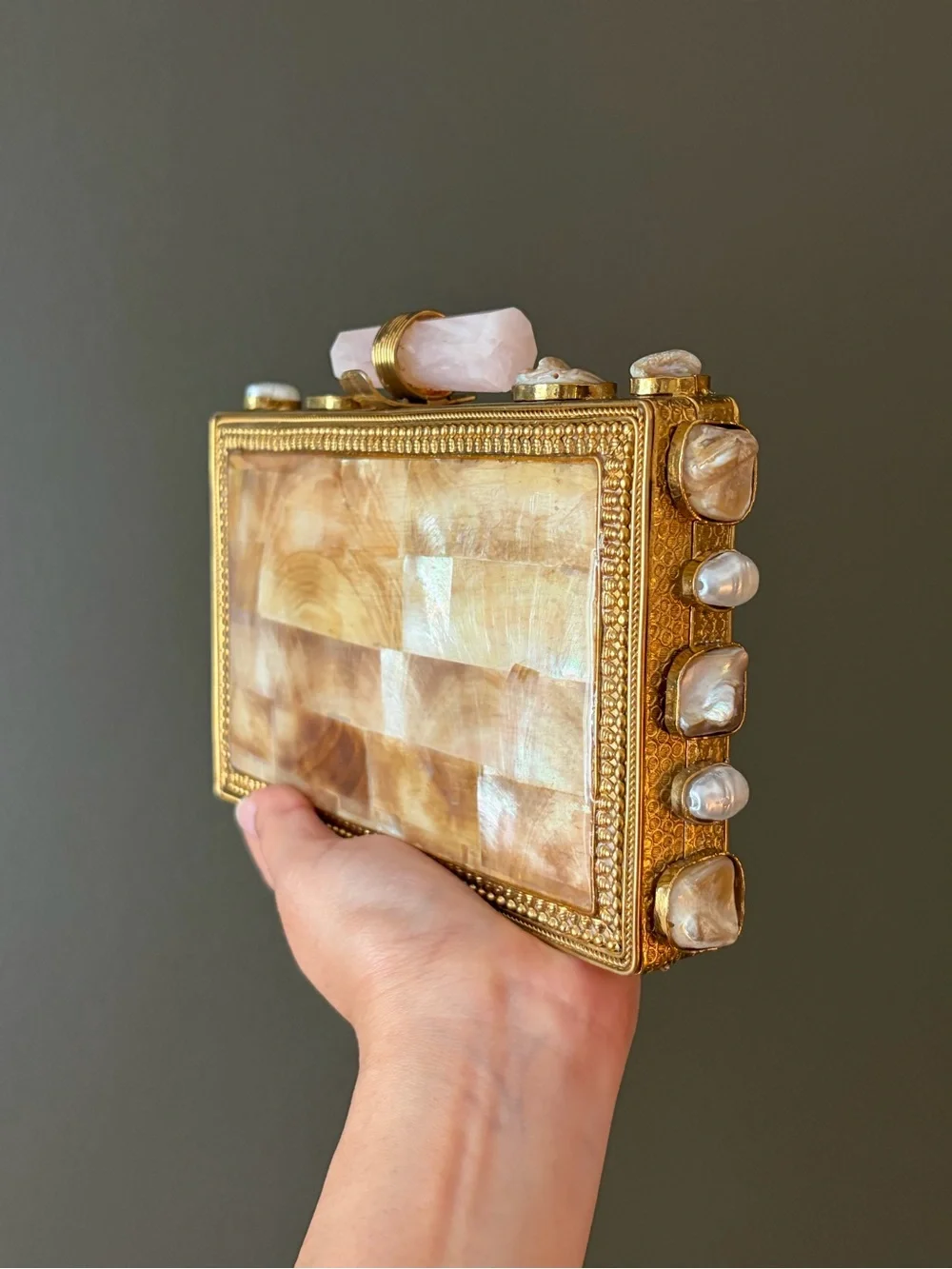 Gold and Shell Rectangular Evening Clutch with Rose Quartz Accent